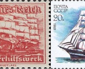 «Крузенштерн» на немецкой почтовой марке 1937 года и на советской, выпущенной в 1981 году.