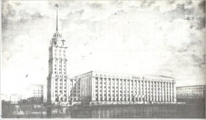 Дом советов на восточной стороне нынешней площади Виру по проекту 1953 года. В перспективе – Нарвское шоссе