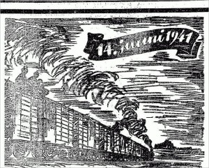 Июньская депортация. Рисунок с первой полосы газеты «Eesti Sõna» за 12 июня 1943 года.