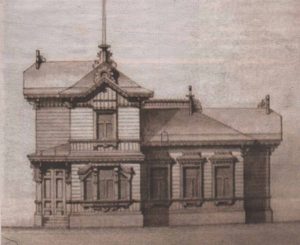 Главный фасад дома архитектора Федотова на проектном чертеже 1881 года (слева)